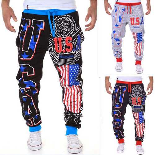 Men's Fashion Lace-Up Sports Jogger Pants USA Flag Printing Beam Feet Harem Pants