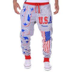 Men's Fashion Lace-Up Sports Jogger Pants USA Flag Printing Beam Feet Harem Pants