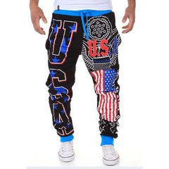 Men's Fashion Lace-Up Sports Jogger Pants USA Flag Printing Beam Feet Harem Pants