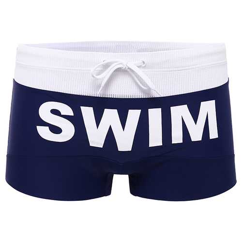 SUPERBODY Sexy Quick Drying Drawstring Letters Printing Low Waist Boxers Swim Trunks for Men