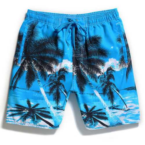 Mens Summer Beach Vacation Quick Dry Coconut Trees Printing Hawaiian Board Shorts