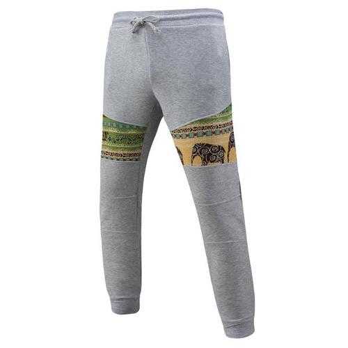 Men's Casual Jacquard Elastic Pants National Style Printing Drawstring Sport Trousers