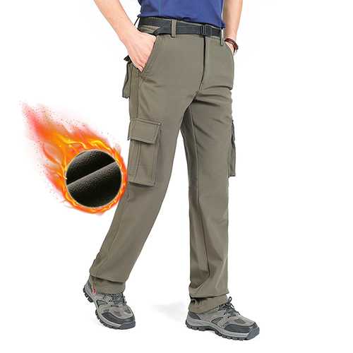 Autumn Winter Multi Pocket Casual Pants Men's Large Size Loose Straight Pants Warm Fleece Trousers