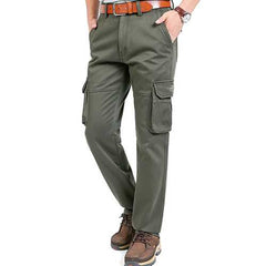 Winter Warm Fleece Lining Cotton Cargo Pants Men's Casual Middle-waisted Straight Baggy Overalls