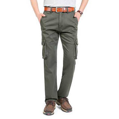 Winter Warm Fleece Lining Cotton Cargo Pants Men's Casual Middle-waisted Straight Baggy Overalls