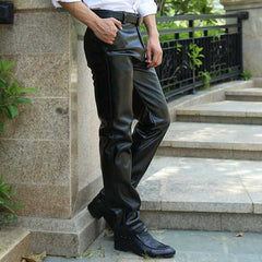 Men's PU Leather Pants Winter Spring Leisure Warm Fleece Srtaight Pants