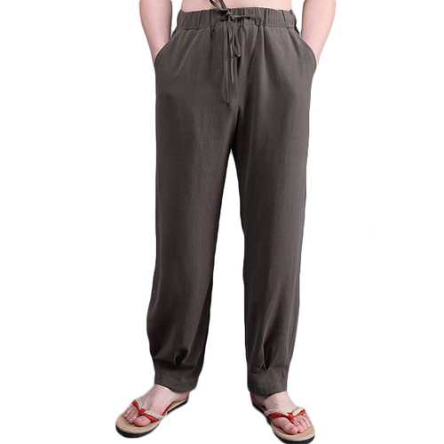 Chinese Wind Mens Loose Cotton Linen Trousers Breathable Casual Elastic Lanterns Pants