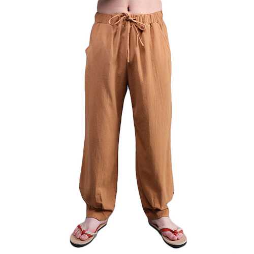 Chinese Wind Mens Loose Cotton Linen Trousers Breathable Casual Elastic Lanterns Pants