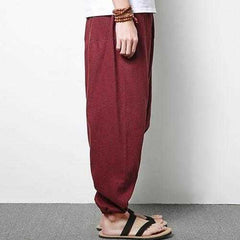 Men Cotton Linen Harem Pants Casual Baggy Loose Trousers Fashion Wide Legs Trousers