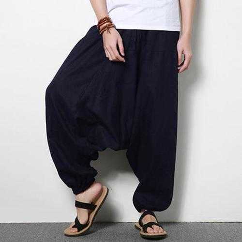 Men Cotton Linen Harem Pants Casual Baggy Loose Trousers Fashion Wide Legs Trousers