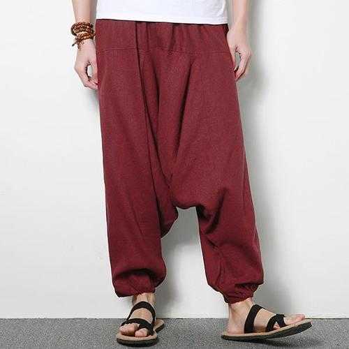 Men Cotton Linen Harem Pants Casual Baggy Loose Trousers Fashion Wide Legs Trousers