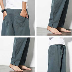 Men's Loose Wide Leg Pants Solid Color Casual Baggy Breathable Cotton Harem Pants