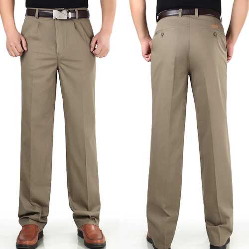 Mens Loose Thin Cotton Work Straight Leg Pants Breathable Wash-and-Wear Casual Slacks