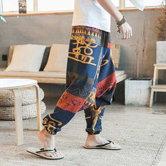 Men's Casual Ethnic Style Printed Cotton Haren Pants Summer Breathable Large Size Cropped Trousers