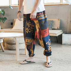 Men's Casual Ethnic Style Printed Cotton Haren Pants Summer Breathable Large Size Cropped Trousers