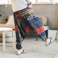 Men's Casual Ethnic Style Printed Cotton Haren Pants Summer Breathable Large Size Cropped Trousers