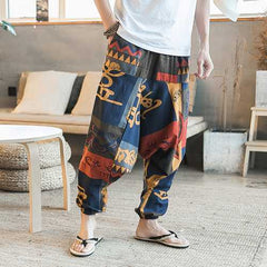 Men's Casual Ethnic Style Printed Cotton Haren Pants Summer Breathable Large Size Cropped Trousers