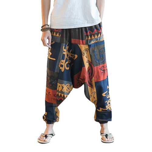 Men's Casual Ethnic Style Printed Cotton Haren Pants Summer Breathable Large Size Cropped Trousers