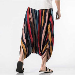 INCERUN Mens 100% Cotton Crotch Wide Leg Pants Sports Loose Yoga Harem Stripe Solid Trouser