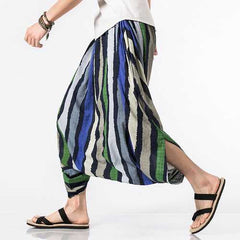 INCERUN Mens 100% Cotton Crotch Wide Leg Pants Sports Loose Yoga Harem Stripe Solid Trouser