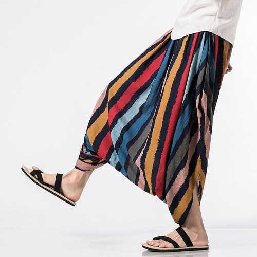 INCERUN Mens 100% Cotton Crotch Wide Leg Pants Sports Loose Yoga Harem Stripe Solid Trouser