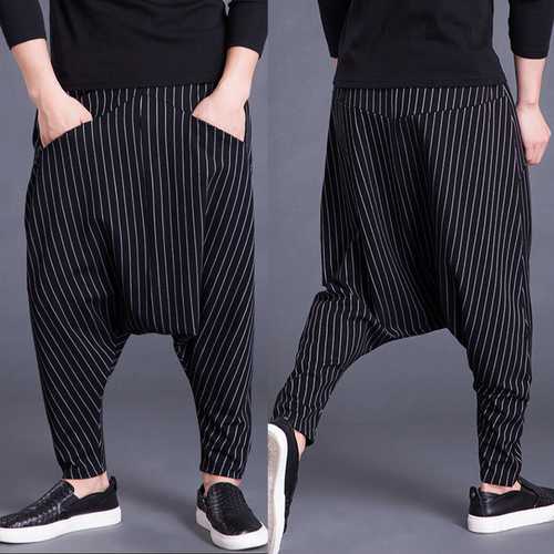 Mens Loose Stripe S-5XL Elastic Waist Harem Pants