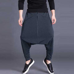 Mens Loose Stripe S-5XL Elastic Waist Harem Pants