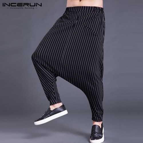 Mens Loose Stripe S-5XL Elastic Waist Harem Pants