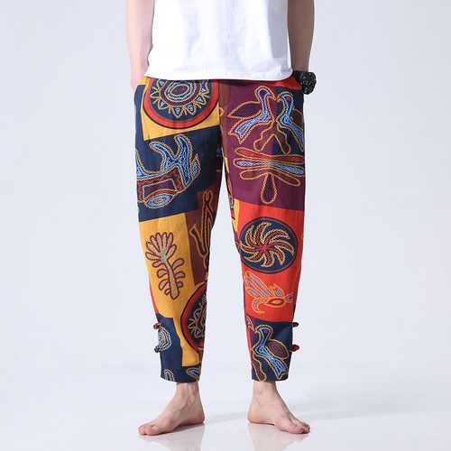 Mens Casual Ankle Length Cotton Fashion Ethnic Style Loose S-5XL Fit Elastic Waist Harem Pants