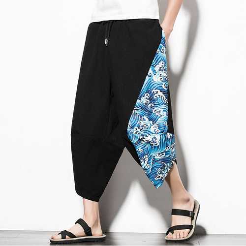 Chinese Style Printed Cotton Linen Cropped Trousers Men's Casual Loose Wide Leg Pants