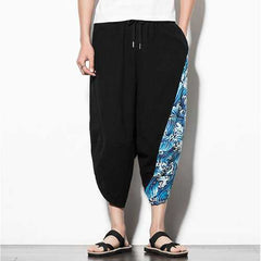 Chinese Style Printed Cotton Linen Cropped Trousers Men's Casual Loose Wide Leg Pants