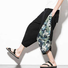 Chinese Style Printed Cotton Linen Cropped Trousers Men's Casual Loose Wide Leg Pants