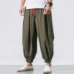 Men Cotton Loose Comfy Baggy Vintage Drawstring Jogger Casual Harem Pants