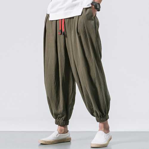 Men Cotton Loose Comfy Baggy Vintage Drawstring Jogger Casual Harem Pants