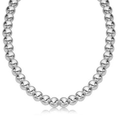 Sterling Silver Polished Bead Necklace with Rhodium Plating (10mm), size 18''