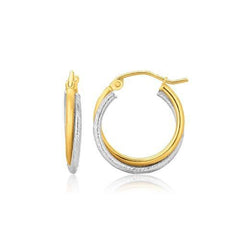 14k Two Tone Gold Double Polished and Textured Hoop Earrings