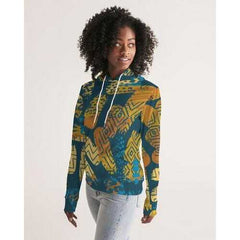 Womens Hoodies, Blue and Gold Multiprint Style Hooded Shirt Shirt