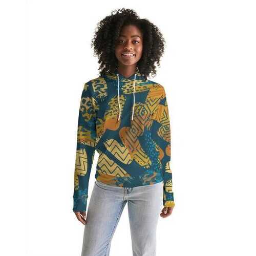 Womens Hoodies, Blue and Gold Multiprint Style Hooded Shirt Shirt