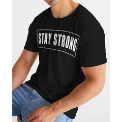 Mens T-Shirts, Stay Strong White Graphic Text Short Sleeve Black Shirt