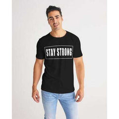 Mens T-Shirts, Stay Strong White Graphic Text Short Sleeve Black Shirt