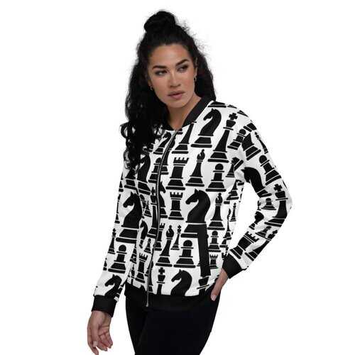 Womens Jackets, Black and White Chess Style Bomber Jacket