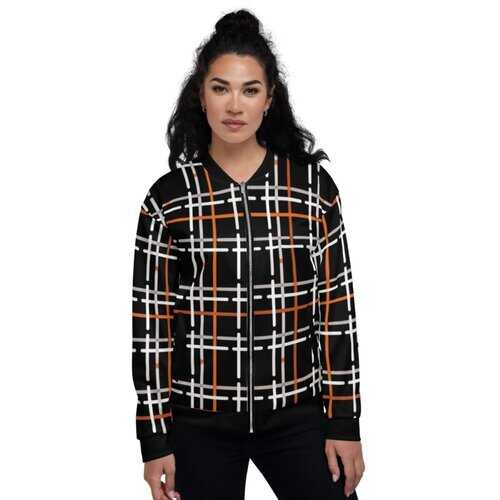 Womens Jackets, Black and Orange Tartan Style Bomber Jacket