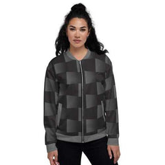 Womens Jackets, Black and Gray 3D Square Style Bomber Jacket