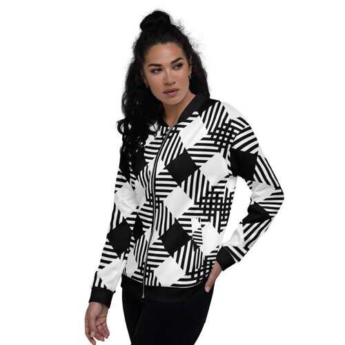 Womens Jackets, Black and White Cross-Hatch Style Bomber Jacket