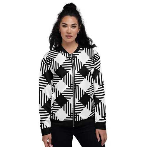 Womens Jackets, Black and White Cross-Hatch Style Bomber Jacket