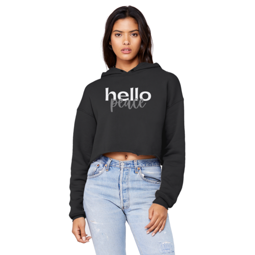 Peach Marble Hello Peace Graphic Style Unisex Cropped Raw Edge Boyfriend Hoodie