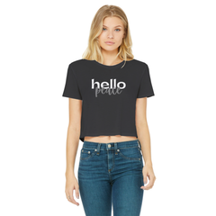 Peach Marble Hello Peace Graphic Style Classic Womens Cropped Raw Edge T-Shirt