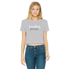 Peach Marble Hello Peace Graphic Style Classic Womens Cropped Raw Edge T-Shirt