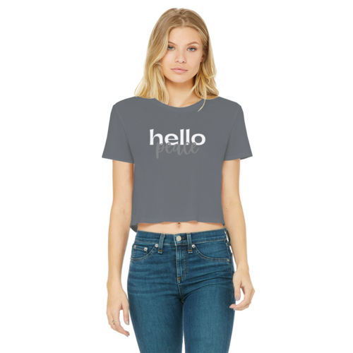 Peach Marble Hello Peace Graphic Style Classic Womens Cropped Raw Edge T-Shirt