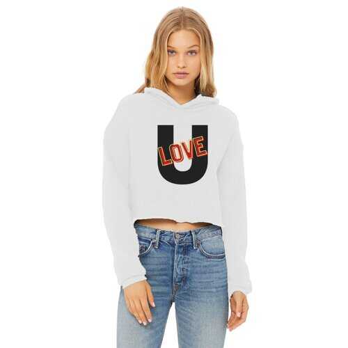 Love U Graphic Style Cropped Raw Edge Hoodie